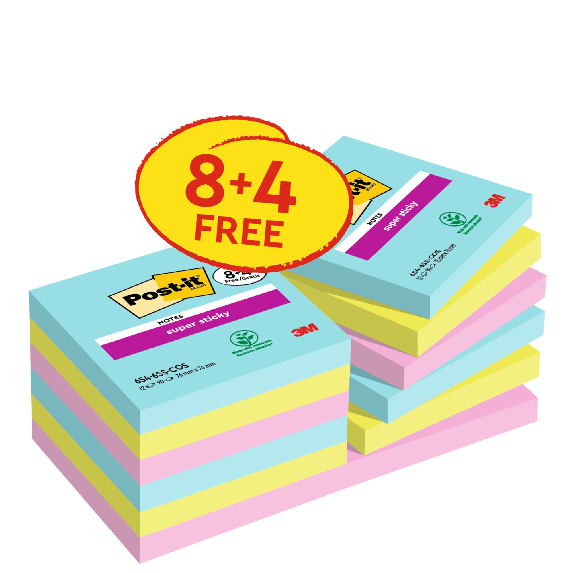 Post-it Super Sticky Notes, Boost Colour Collection, 76 mm x 76 mm, 90 Sheets/Pad, 5 Pads/Pack, 100% PEFC SGSCH-PEFC-COC-110078