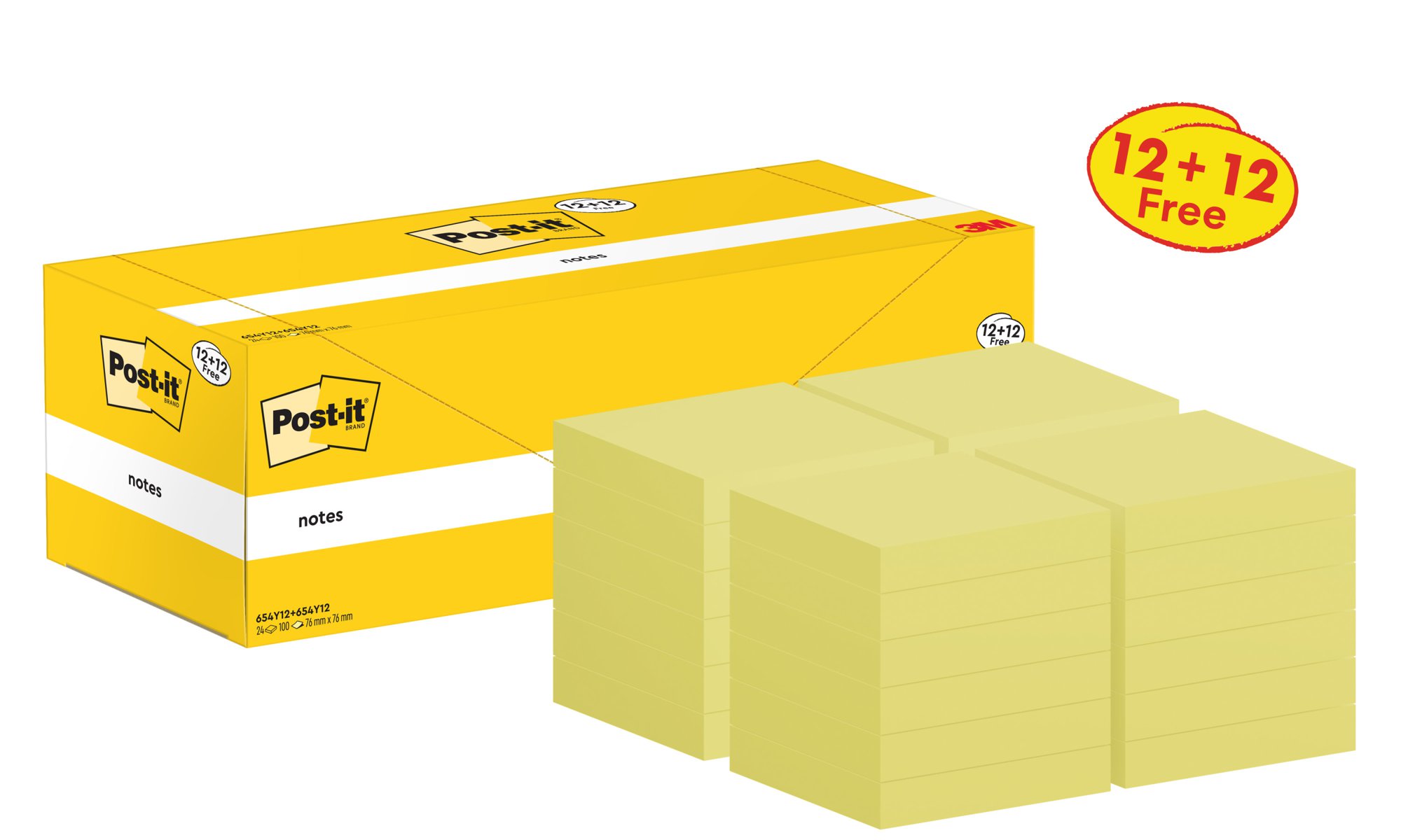 Post-it Z-Notes, Canary Yellow, 76 mm x 76 mm, 100 Sheets/Pad, 12 Pads/Pack, Cardboard Pack, 100% PEFC SGSCH-PEFC-COC-110078