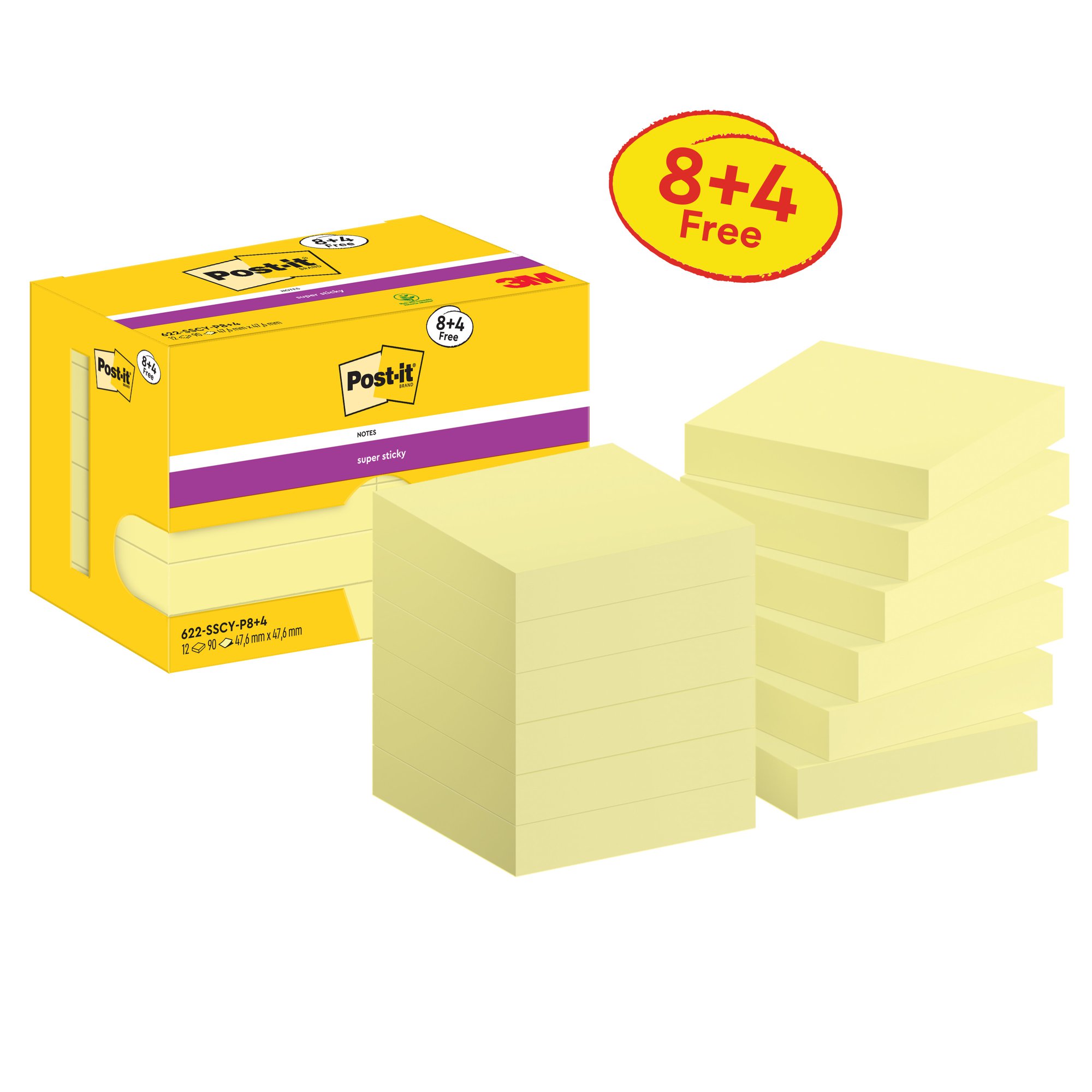 Post-it Super Sticky Notes, Carnival Colour Collection, 76 mm x 76 mm, 90 Sheets/Pad, 12 Pads/Pack, Cardboard Pack, 100% PEFC SGSCH-PEFC-COC-110078