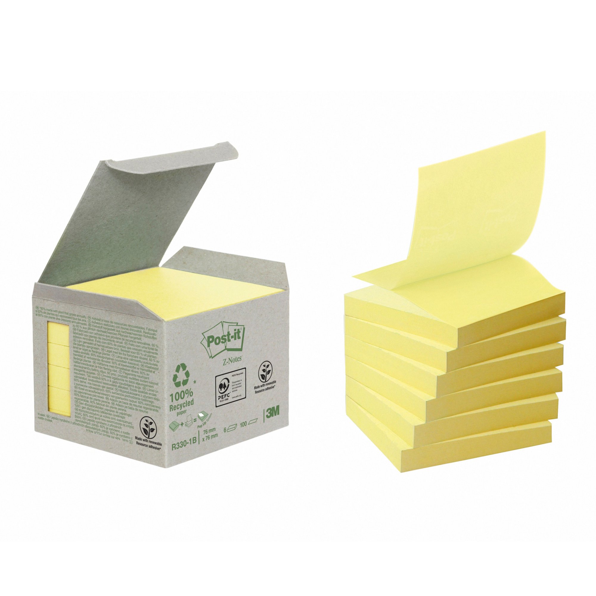 Post-it Recycled Notes, Canary Yellow, 76 mm x 76 mm, 100 Sheets/Pad, 16 Pads/Pack, 100% PEFC Recycled SGSCH-PEFC-COC-110078