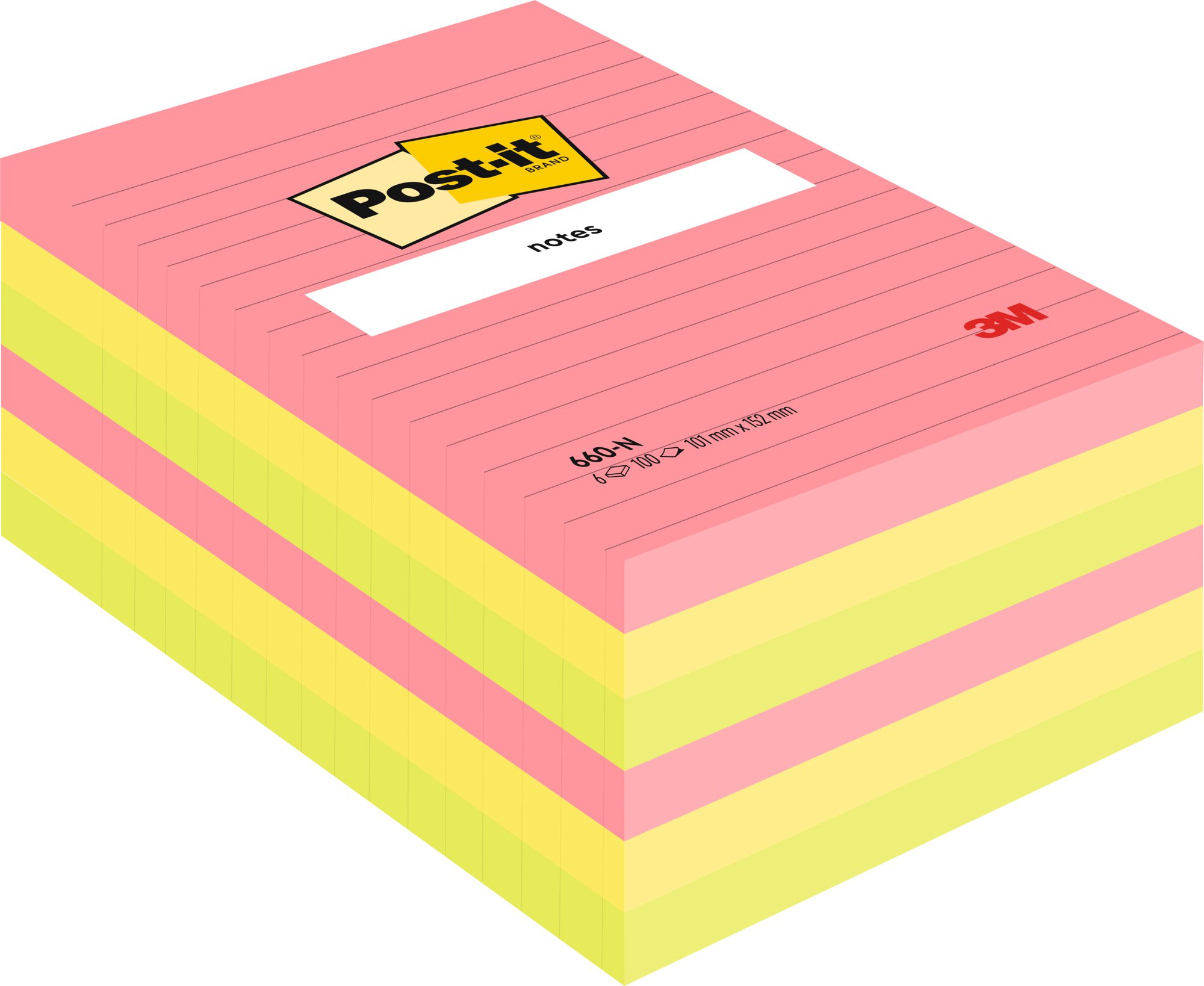 Post-it Notes, Energetic Colour Collection, 76 mm x 127 mm, 100 Sheets/Pad, 6 Pads/Pack, 100% PEFC SGSCH-PEFC-COC-110078