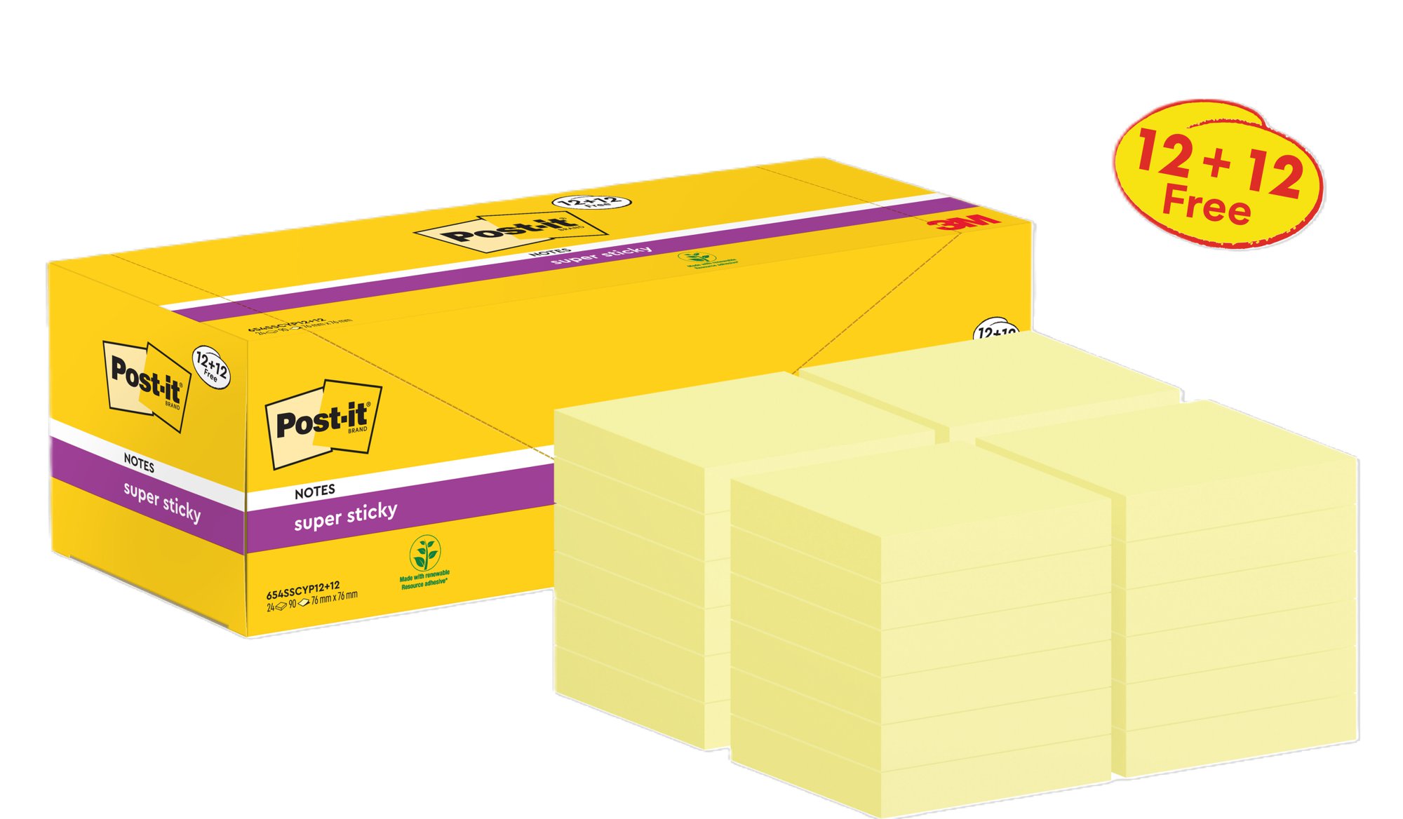 Post-it Notes, Canary Yellow, 76 mm x 76 mm, 100 Sheets/Pad, 12 Pads/Pack, Cardboard Pack, 100% PEFC SGSCH-PEFC-COC-110078