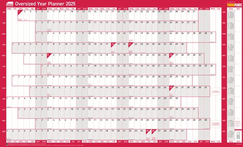 Sasco 2025 Original Year Wall Planner Oversize 1100W x 610mmH With Wet Wipe Pen & Sticker Pack Unmounted - 2410240