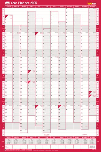 Sasco 2025 Compact Year Wall Planner 610W x 405mmH Portrait With Wet Wipe Pen & Sticker Pack Unmounted - 2410245