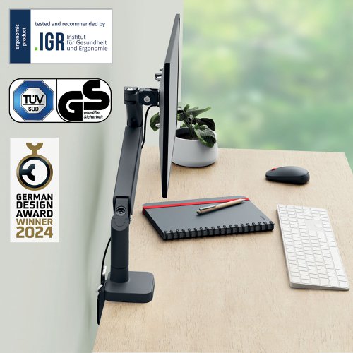 Leitz Ergo Space-Saving Single Monitor Arm Suitable for Monitors upto 32inches Dark Grey - 64890089