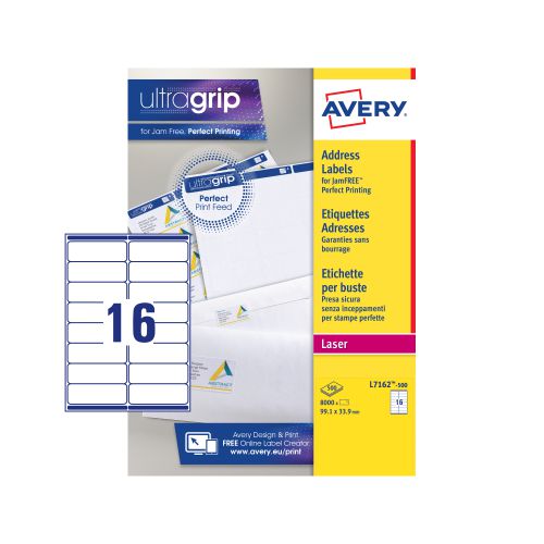 Avery Laser Address Labels 99.1 x 33.9 mm White (Pack 8000 Labels) - L7162-500