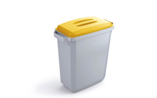 Durable DURABIN Plastic Waste Recycling Bin 60 Litre Grey with Yellow Lid & Black A5 DURAFRAME Self-Adhesive Sign Holder - VEH2023001