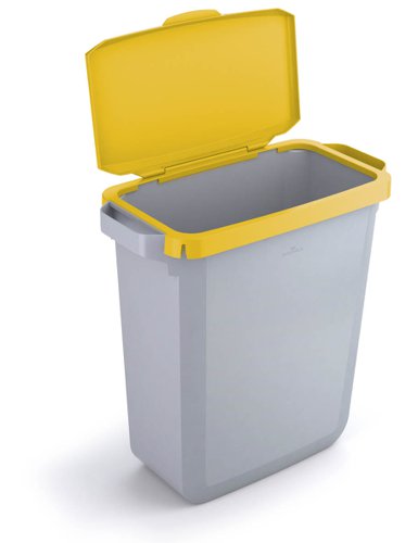 Durable DURABIN Plastic Waste Recycling Bin 60 Litre Grey with Yellow Hinged Lid & Black A5 DURAFRAME Self-Adhesive Sign Holder - VEH2023005