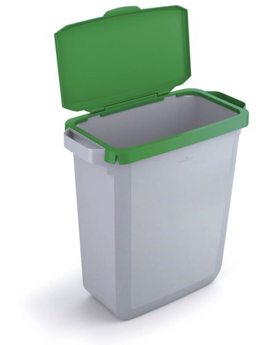 Durable DURABIN Plastic Waste Recycling Bin 60 Litre Grey with Green Hinged Lid & Black A5 DURAFRAME Self-Adhesive Sign Holder - VEH2023006