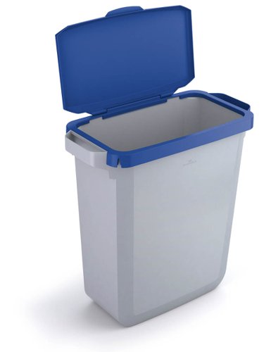 Durable DURABIN Plastic Waste Recycling Bin 60 Litre Grey with Blue Hinged Lid & Black A5 DURAFRAME Self-Adhesive Sign Holder - VEH2023007