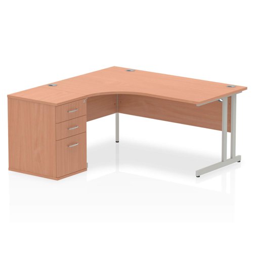 Impulse+1600mm+Left+Crescent+Office+Desk+Beech+Top+Silver+Cantilever+Leg+Workstation+600+Deep+Desk+High+Pedestal