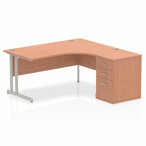 Impulse+1600mm+Right+Crescent+Office+Desk+Beech+Top+Silver+Cantilever+Leg+Workstation+600+Deep+Desk+High+Pedestal