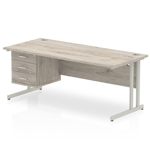 Impulse+1800+x+800mm+Straight+Office+Desk+Grey+Oak+Top+Silver+Cantilever+Leg+Workstation+1+x+3+Drawer+Fixed+Pedestal