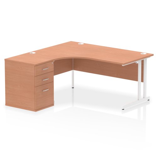 Dynamic Impulse W1600 x D1200 x H730mm Left Hand Crescent Desk Cantilever Leg With D600mm Desk High Pedestal Beech Finish White Frame - I004074