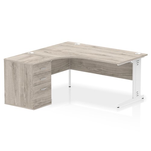 Dynamic Impulse W1600 x D1200 x H730mm Left Hand Crescent Desk Cable Managed Leg With D600mm Desk High Pedestal Grey Oak Finish White Frame - I004076