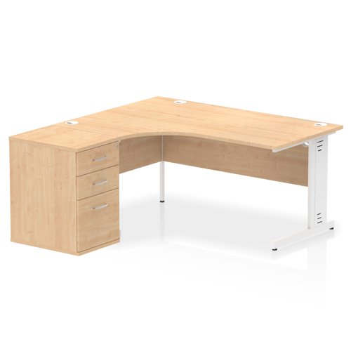 Dynamic Impulse W1600 x D1200 x H730mm Left Hand Crescent Desk Cable Managed Leg With D600mm Desk High Pedestal Maple Finish White Frame - I004080