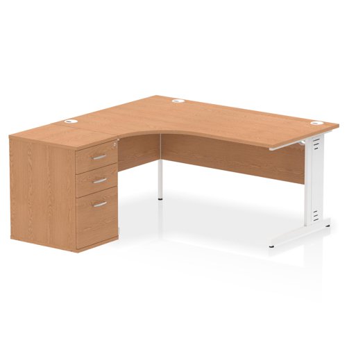 Dynamic Impulse W1600 x D1200 x H730mm Left Hand Crescent Desk Cable Managed Leg With D600mm Desk High Pedestal Oak Finish White Frame - I004084