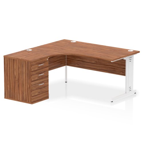 Dynamic Impulse W1600 x D1200 x H730mm Left Hand Crescent Desk Cable Managed Leg With D600mm Desk High Pedestal Walnut Finish White Frame - I004088