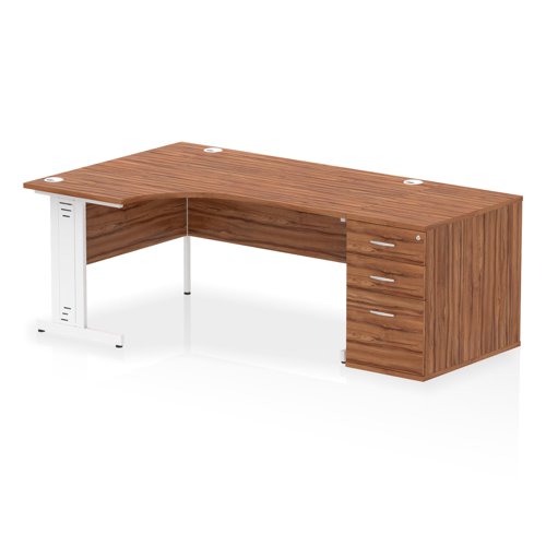 Dynamic Impulse W1600 x D1200 x H730mm Left Hand Crescent Desk Cable Managed Leg With D800mm Desk High Pedestal Walnut Finish White Frame - I004089