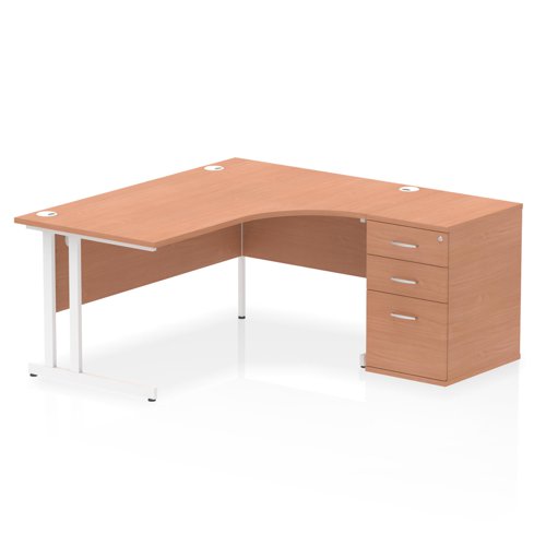 Dynamic Impulse W1600 x D1200 x H730mm Right Hand Crescent Desk Cantilever Leg With D600mm Desk High Pedestal Beech Finish White Frame - I004094