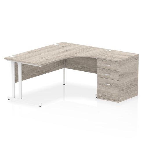 Dynamic Impulse W1600 x D1200 x H730mm Right Hand Crescent Desk Cantilever Leg With D600mm Desk High Pedestal Grey Oak Finish White Frame - I004098