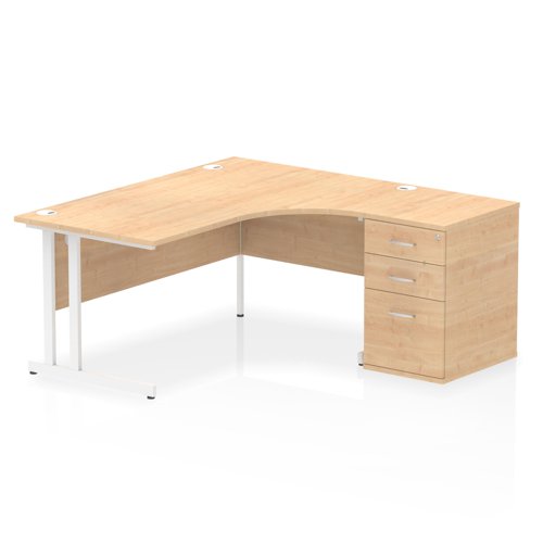 Dynamic Impulse W1600 x D1200 x H730mm Right Hand Crescent Desk Cantilever Leg With D600mm Desk High Pedestal Maple Finish White Frame - I004102