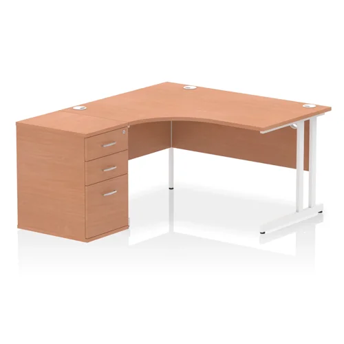 Impulse Cantilever Left Crescent Office Desk W1400 x D1200 x H730mm Beech Finish White Frame With 600mm Deep Desk High Pedestal - I004246