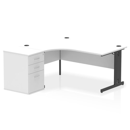 Dynamic Impulse W1600 x D1200 x H730mm Left Hand Crescent Desk Cable Managed Leg With D600mm Desk High Pedestal White Finish Black Frame - I004474