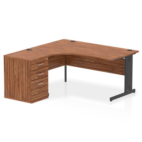 Dynamic Impulse W1600 x D1200 x H730mm Left Hand Crescent Desk Cable Managed Leg With D600mm Desk High Pedestal Walnut Finish Black Frame - I004475