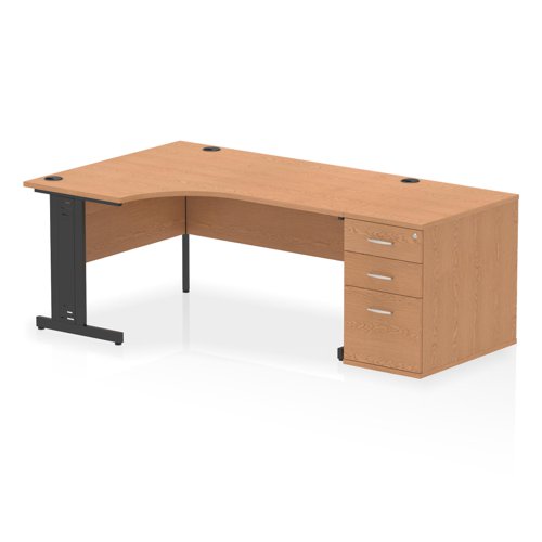 Dynamic Impulse W1600 x D1200 x H730mm Left Hand Crescent Desk Cable Managed Leg With D800mm Desk High Pedestal Oak Finish Black Frame - I004479