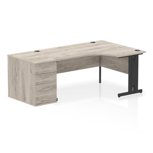 Dynamic Impulse W1600 x D1200 x H730mm Right Hand Crescent Desk Cable Managed Leg With D800mm Desk High Pedestal Grey Oak Finish Black Frame - I004501