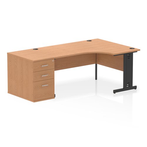 Dynamic Impulse W1600 x D1200 x H730mm Right Hand Crescent Desk Cable Managed Leg With D800mm Desk High Pedestal Oak Finish Black Frame - I004503