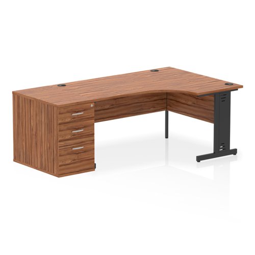 Dynamic Impulse W1600 x D1200 x H730mm Right Hand Crescent Desk Cable Managed Leg With D800mm Desk High Pedestal Walnut Finish Black Frame - I004505