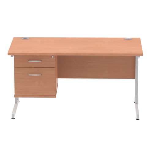 Dynamic Impulse W1400 x D800 x H730mm Straight Office Desk Cantilever Leg With 1 x 2 Drawer Single Fixed Pedestal Beech Finish Silver Frame - MI001689