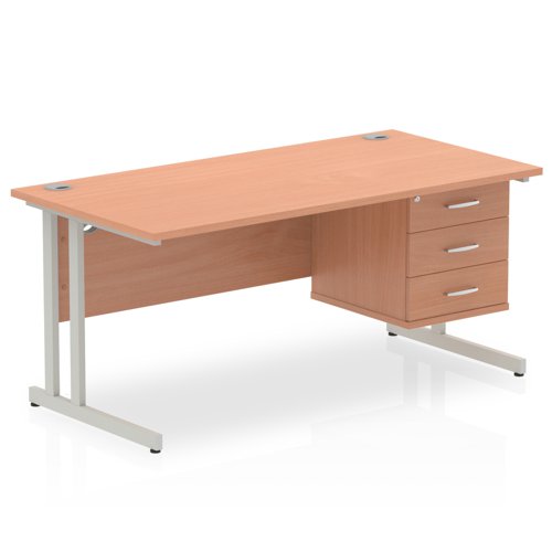 Dynamic Impulse W1600 x D800 x H730mm Straight Office Desk Cantilever Leg With 1 x 3 Drawer Single Fixed Pedestal Beech Finish Silver Frame - MI001698