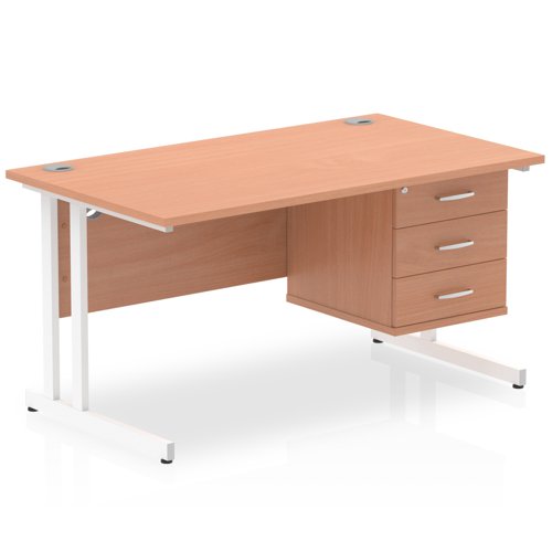 Dynamic Impulse W1400 x D800 x H730mm Straight Office Desk Cantilever Leg With 1 x 3 Drawer Single Fixed Pedestal Beech Finish White Frame - MI001701