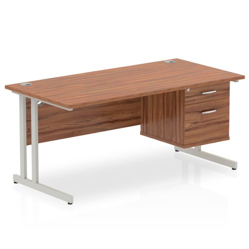 Dynamic Impulse W1600 x D800 x H730mm Straight Office Desk Cantilever Leg With 1 x 2 Drawer Fixed Pedestal Walnut Finish Silver Frame - MI001921