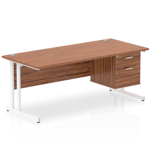 Dynamic Impulse W1800 x D800 x H730mm Straight Office Desk Cantilever Leg With 1 x 2 Drawer Fixed Pedestal Walnut Finish White Frame - MI001926