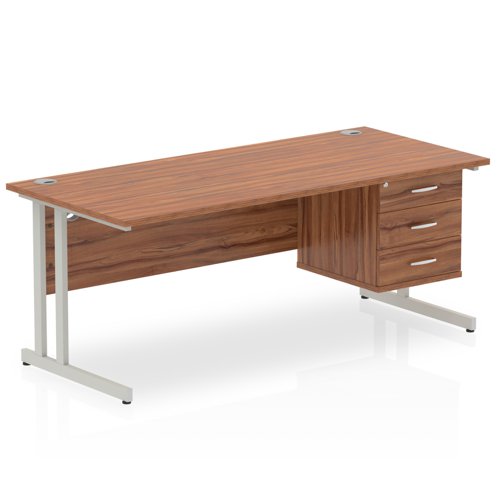 Dynamic Impulse W1800 x D800 x H730mm Straight Office Desk Cantilever Leg With 1x3 Drawer Single Fixed Pedestal Walnut Finish Silver Frame - MI001930