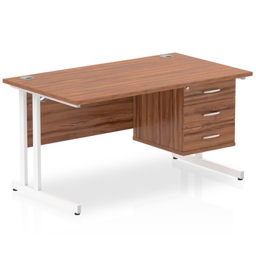 Dynamic Impulse W1400 x D800 x H730mm Straight Office Desk Cantilever Leg With 1 x 3 Drawer Single Fixed Pedestal Walnut Finish White Frame - MI001932