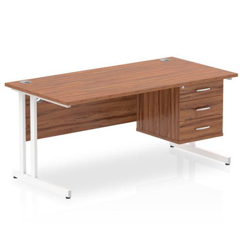 Dynamic Impulse W1600 x D800 x H730mm Straight Office Desk Cantilever Leg With 1 x 3 Drawer Single Fixed Pedestal Walnut Finish White Frame - MI001933