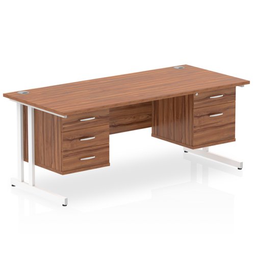 Dynamic Impulse W1600 x D800 x H730mm Straight Office Desk Cantilever Leg With 1x2 & 1x3 Drawer Fixed Pedestal Walnut Finish White Frame - MI001957