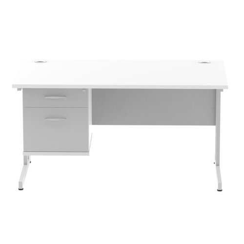 Dynamic Impulse W1400 x D800 x H730mm Straight Office Desk Cantilever Leg With 1 x 2 Drawer Single Fixed Pedestal White Finish Silver Frame - MI002206