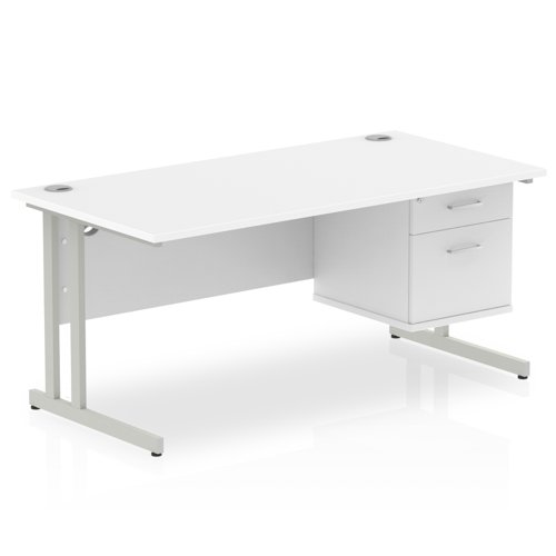 Dynamic Impulse W1600 x D800 x H730mm Straight Office Desk Cantilever Leg With 1 x 2 Drawer Fixed Pedestal White Finish Silver Frame - MI002207