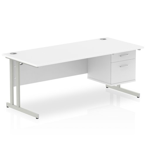 Dynamic Impulse W1800 x D800 x H730mm Straight Office Desk Cantilever Leg With 1 x 2 Drawer Fixed Pedestal White Finish Silver Frame - MI002208