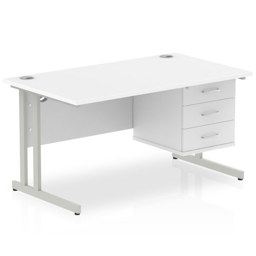 Dynamic Impulse W1400 x D800 x H730mm Straight Office Desk Cantilever Leg With 1 x 3 Drawer Single Fixed Pedestal White Finish Silver Frame - MI002214