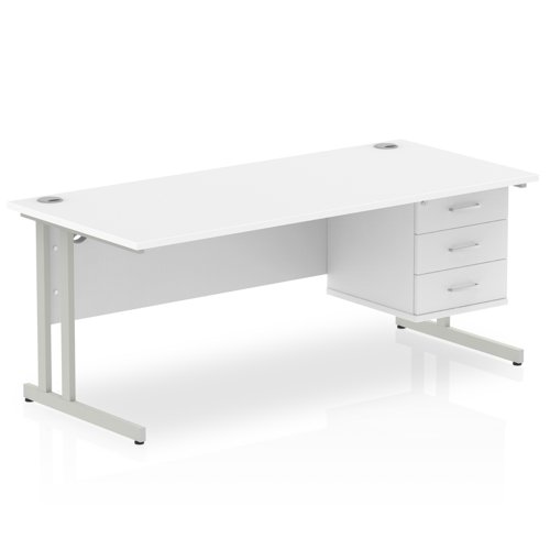 Dynamic Impulse W1800 x D800 x H730mm Straight Office Desk Cantilever Leg With 1 x 3 Drawer Single Fixed Pedestal White Finish Silver Frame - MI002216