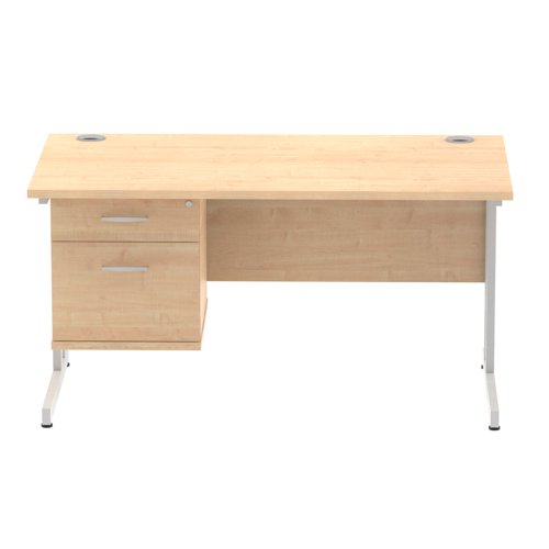 Dynamic Impulse W1400 x D800 x H730mm Straight Office Desk Cantilever Leg With 1 x 2 Drawer Single Fixed Pedestal Maple Finish Silver Frame - MI002432