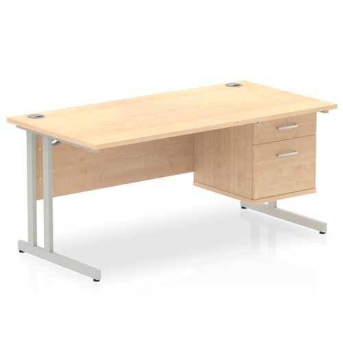 Dynamic Impulse W1600 x D800 x H730mm Straight Office Desk Cantilever Leg With 1 x 2 Drawer Fixed Pedestal Maple Finish Silver Frame - MI002433