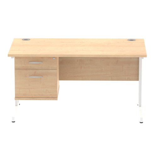 Dynamic Impulse W1400 x D800 x H730mm Straight Office Desk Cantilever Leg With 1 x 2 Drawer Single Fixed Pedestal Maple Finish White Frame - MI002436